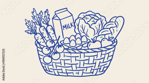 Blue Line Drawing of a Wicker Basket Filled with Groceries.