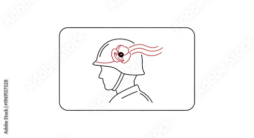 Solemn remembrance poppy on a soldier's helmet, symbolizing honor and sacrifice