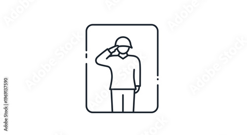 Minimalist line art icon of a figure in a helmet rendering a respectful salute gesture