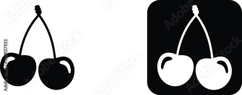 Two black cherries with stems on white background and white cherries on black background