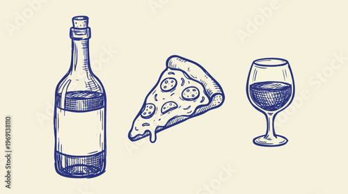 Blue Hand-Drawn Wine Bottle, Pizza Slice, and Wine Glass.