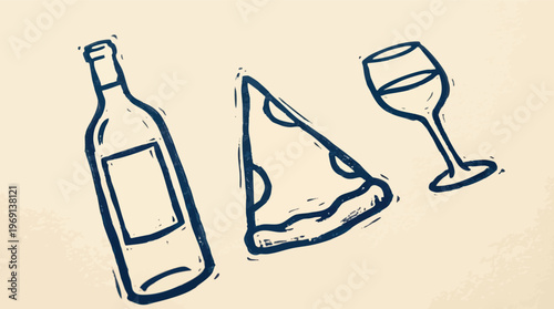 Linocut Icons of a Wine Bottle, Pizza Slice, and Wine Glass.