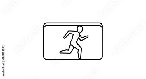 Minimalist line art icon of a person running within a frame, representing swift action, direction,