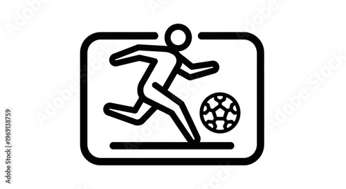 Minimalist line art icon of a soccer player actively dribbling a football on a field capturing