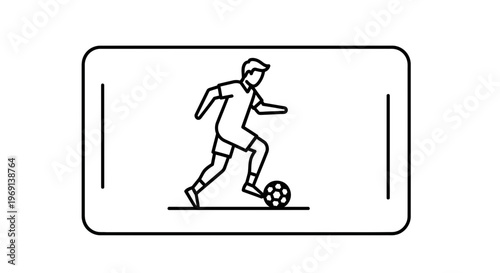 Minimalist line art icon of a soccer player skillfully dribbling a football on a digital screen