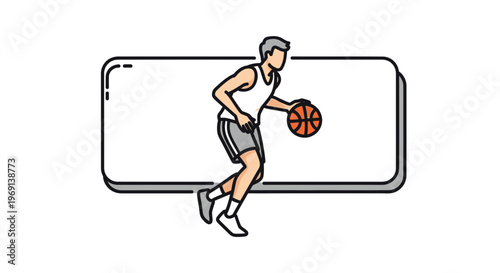 Energetic illustration of a male basketball player actively dribbling the ball on a simple court