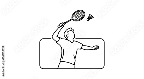 Dynamic line art illustration of a badminton player swinging a racket to hit a shuttlecock