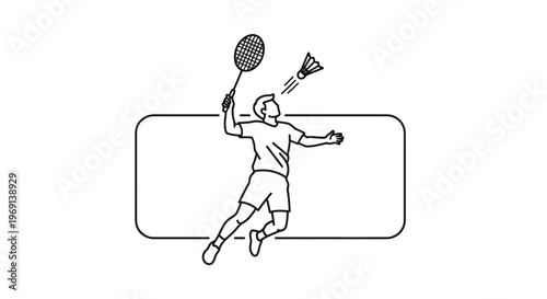 Dynamic monochrome illustration of a male athlete executing a powerful badminton smash shot during