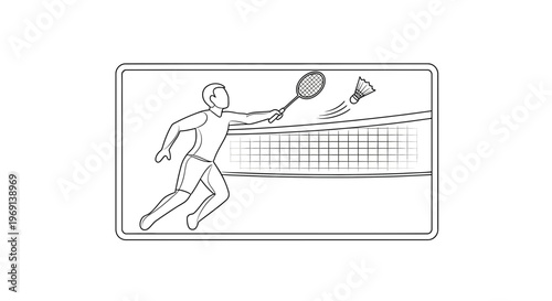 Engaging line art vector capturing a dynamic male figure in active badminton play, striking