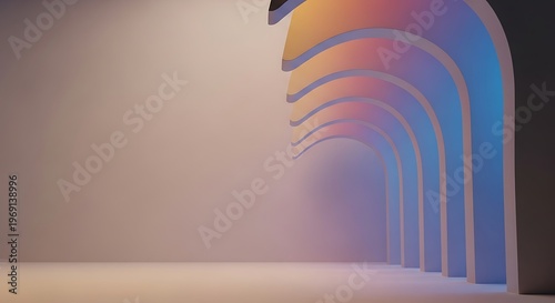 Abstract architectural passage with a series of receding arches glowing in vibrant holographic and iridescent pastel colors, creating a modern, minimalist background design