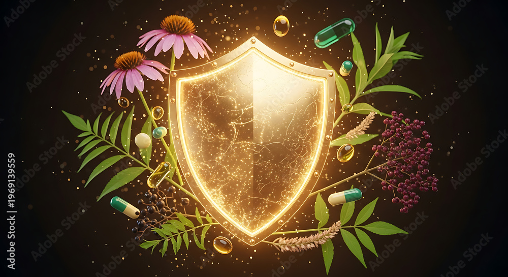 Fototapeta premium Glowing Golden Shield with Herbs and Vitamins – Immune System Protection Concept