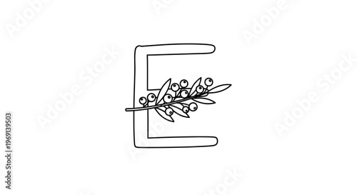 Minimalist continuous line drawing of uppercase letter E adorned with a botanical berry branch