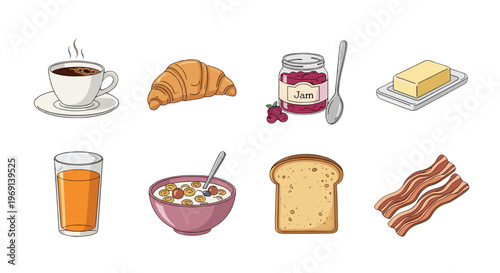 Delicious breakfast food items collection coffee croissant jam butter juice cereal