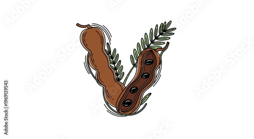 Vibrant tamarind pods illustration featuring tropical fruit and lush green leaves against a clean