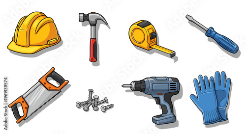 Collection of construction tools and safety equipment for diy projects and home
