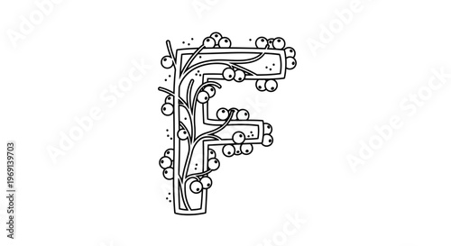 Ornate Monogram F with Detailed Berries and Leaves Line Art for Educational or Craft Uses