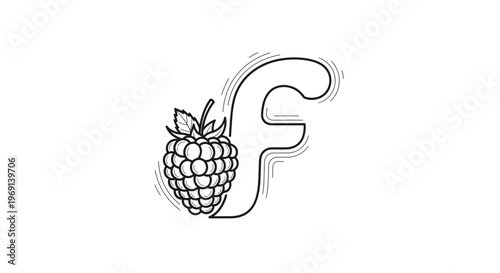 Whimsical line art raspberry doodle combined with the letter F for creative design elements and
