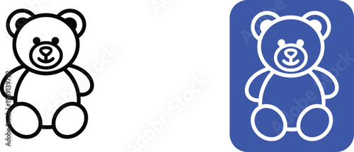 Black outline teddy bear on white and blue background