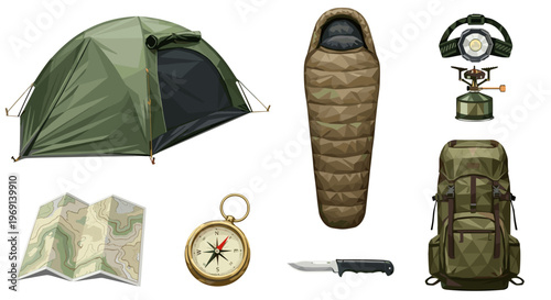 Outdoor camping gear collection tent sleeping bag backpack compass map knife stove