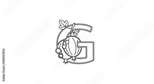 Elegant Outlined Letter G with Decorative Gooseberry Fruits and Delicate Leaves for Alphabetical