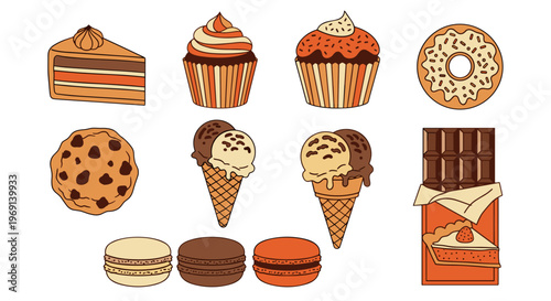 Collection of delicious baked goods and desserts including cake cupcakes donuts