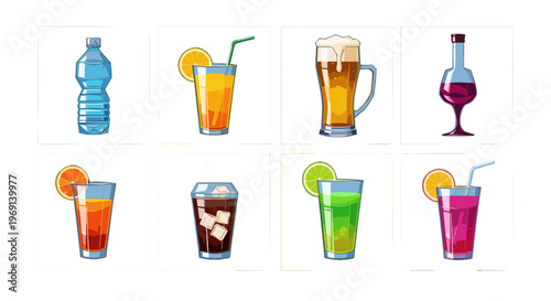 Assortment of refreshing beverages and drinks in various glasses and bottles