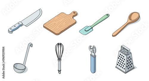 Collection of kitchen utensils and cooking tools isolated on white background
