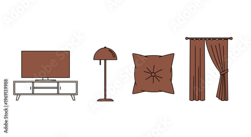 Collection of simple flat design icons representing home decor elements like