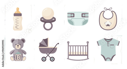 Collection of cute baby care items including bottle pacifier diaper bib teddy bear