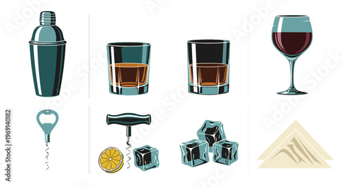 Collection of bar tools drinks and accessories for cocktails and beverages