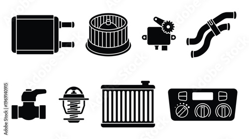 Automotive cooling system parts vector icons set including radiator, blower, and thermostat