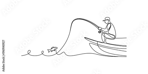 A single continuous line drawing of a man fishing from a boat with a fish hooked on his long line. Vector, illustration