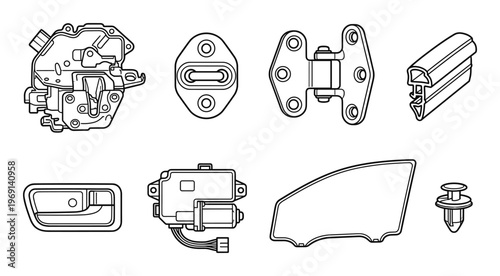 Automotive door assembly line art icons showcasing internal mechanisms and structural parts for repair