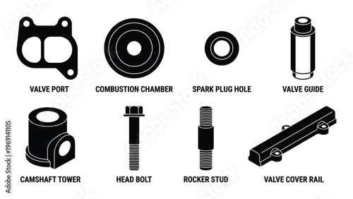 Automotive engine cylinder head components silhouette icons set including valve port and head bolt