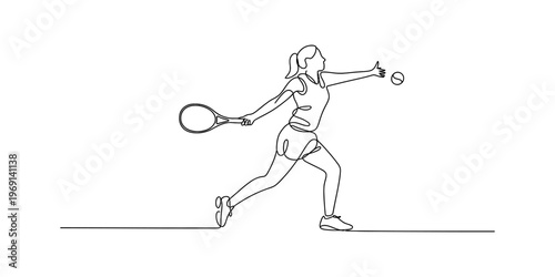 A single continuous line drawing of a woman playing tennis with a racket and a tennis ball shown Vector, illustration