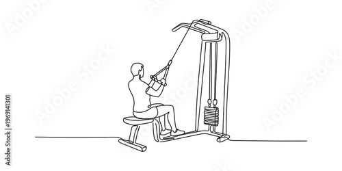 A single continuous line drawing of a person sitting on a gym machine performing a lat pulldown Vector, illustration