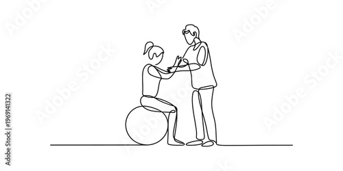 Continuous line drawing of a physical therapist assisting a patient sitting on an exercise ball Vector, illustration