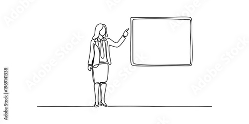 A minimalist single continuous line drawing of a professional woman pointing at a blank board. Vector, illustration