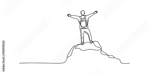 A single continuous line drawing of a hiker standing triumphantly on top of a mountain peak now Vector, illustration