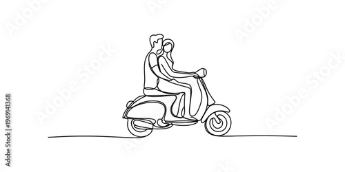 A single continuous line drawing of a happy couple riding together on a vintage style scooter Vector, illustration