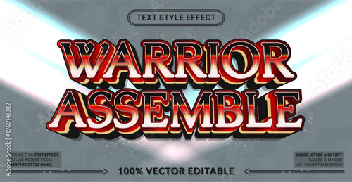 Editable text effect vector “Warrior Assemble” features bold 3D heroic lettering with powerful energy, perfect for battle themes, games, fantasy titles, and epic action visuals.