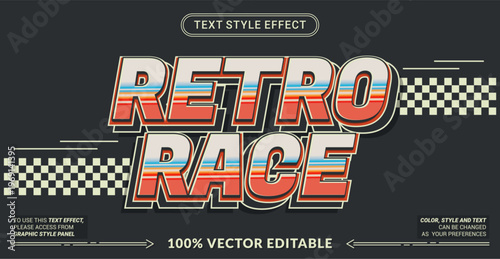 Editable text effect vector “Retro Race” features bold 3D racing-style lettering with retro colors and vintage speed vibes, perfect for motorsport themes, posters, and dynamic designs.