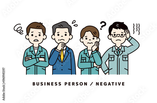 困った表情・ポーズのビジネスマンと複数の男女の作業員の上半身ベクターイラスト素材セット