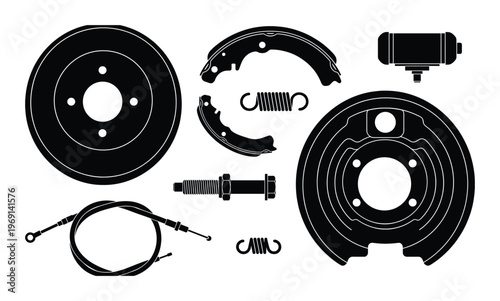 Car drum brake system parts silhouettes including brake shoes disc cylinder spring and cable vector
