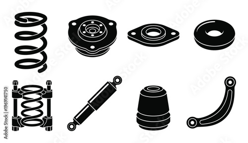 Collection of black and white automotive suspension system parts and components for repair and maintenance