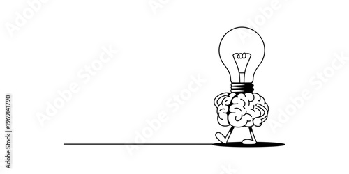 A black and white line drawing of a walking brain character wearing a glowing lightbulb head Vector, illustration