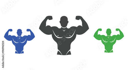 Three stylized muscular bodybuilder icons flexing biceps in blue, black, and green colors on a white background