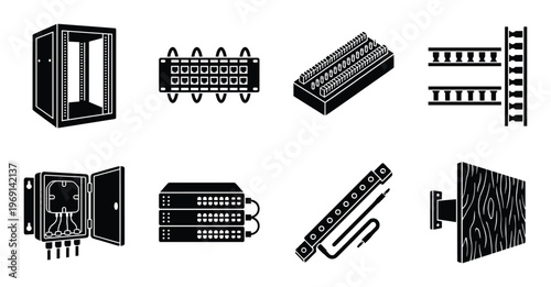 Collection of network and server rack equipment for data center and IT infrastructure setup