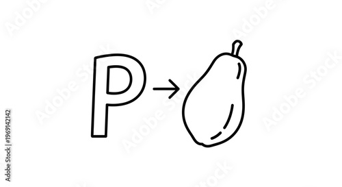 Educational graphic featuring the letter P transitioning to an outlined pear illustration