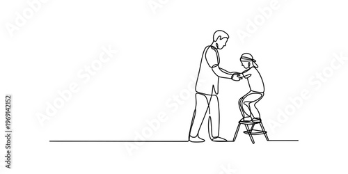A single continuous line drawing of a helpful parent assisting a small child on a step stool. Vector, illustration